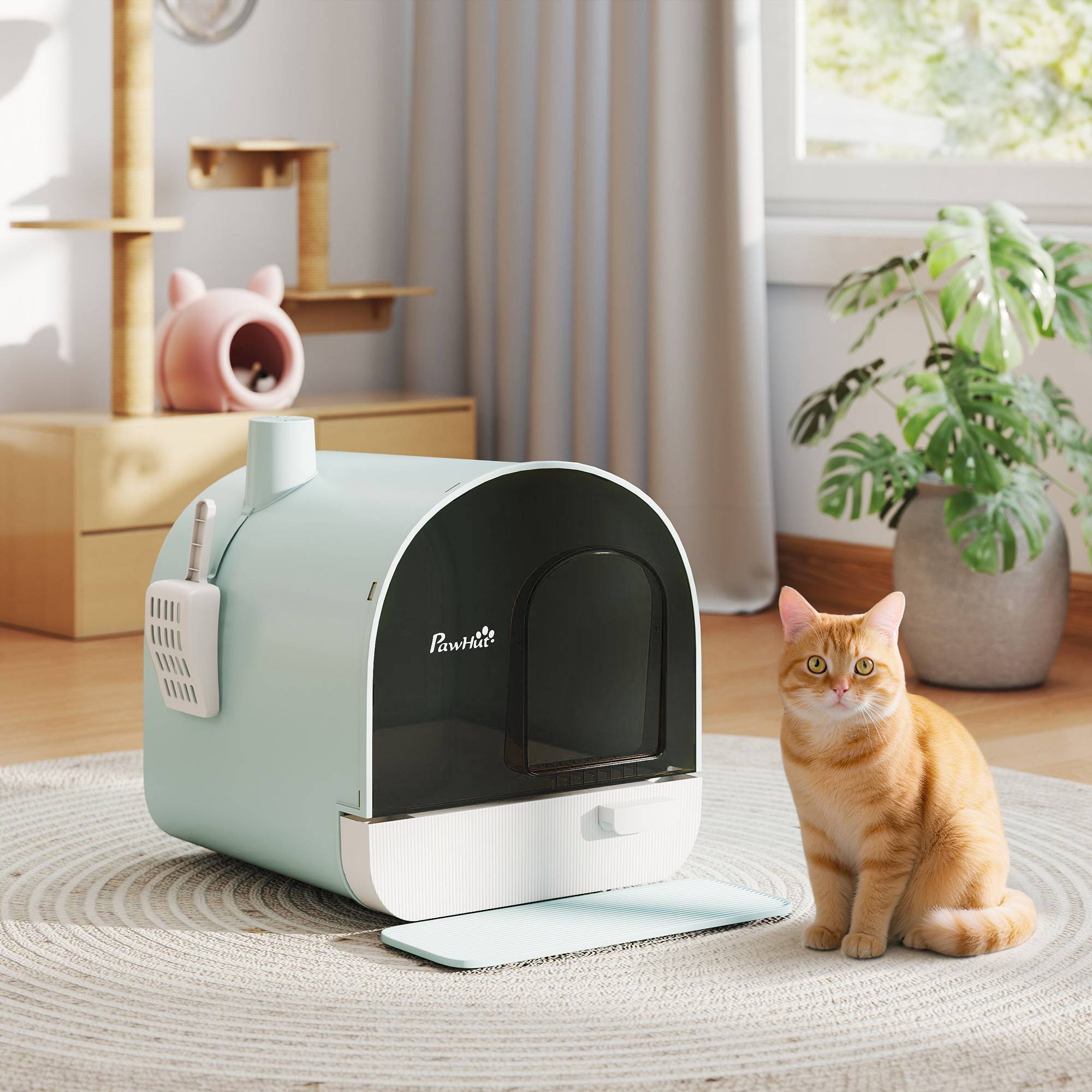 Bac à litière vert pour chat fermé 43x44x47 cm avec plateau amovible, pelle et filtre, accessoire design sobre pour intérieur pratique et discret - Image 4