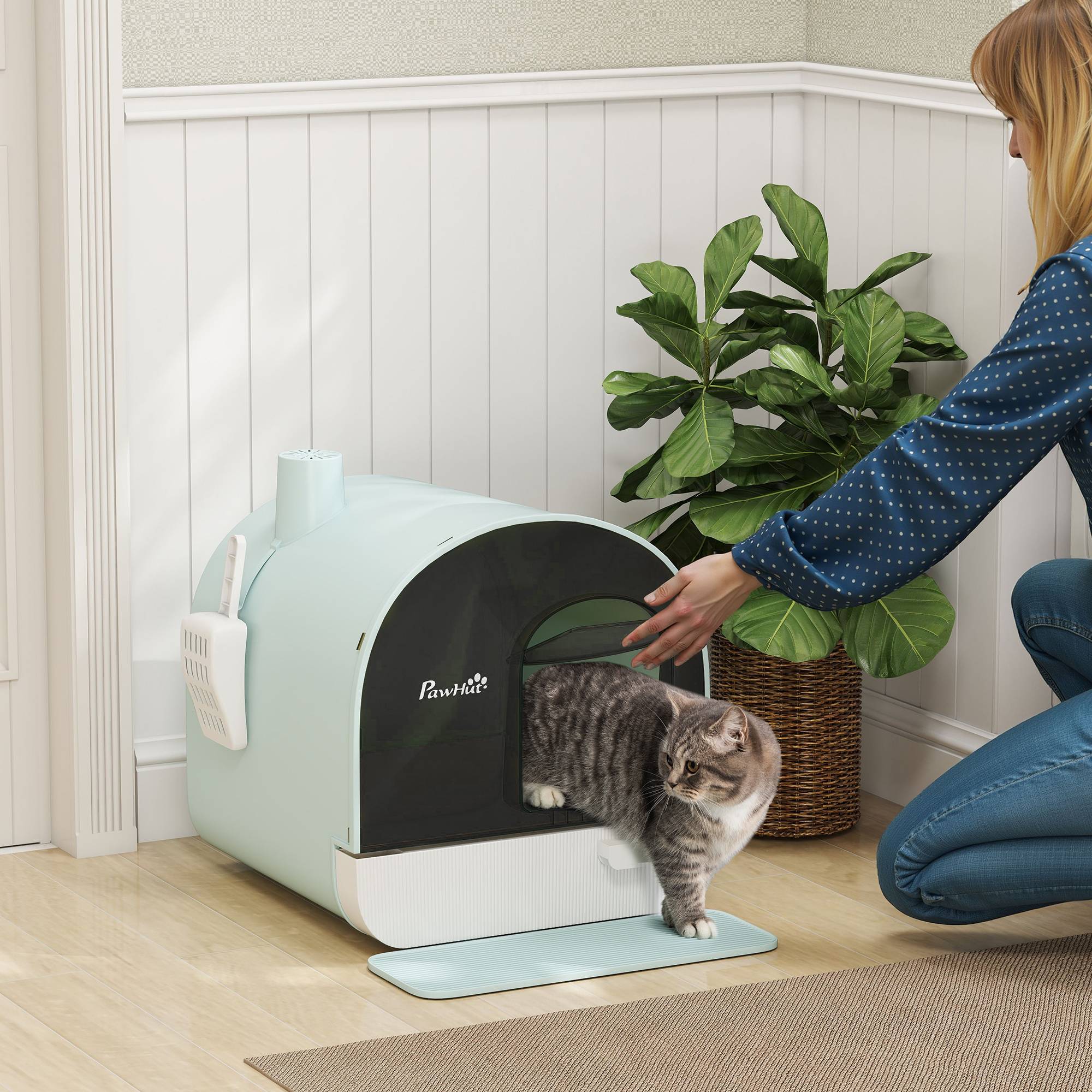 Bac à litière vert pour chat fermé 43x44x47 cm avec plateau amovible, pelle et filtre, accessoire design sobre pour intérieur pratique et discret - Image 3