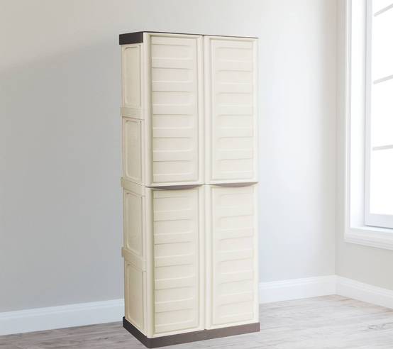 Dmora - Armoire d'extérieur Dbattistin, Armoire de balcon polyvalente, Armoire d'extérieur 2 portes, Beige et Marron, Finition Rayée, 70x39h165 cm - Dmora - Image 2