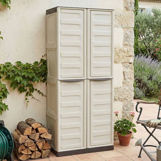 Dmora - Armoire d'extérieur Dbattistin, Armoire de balcon polyvalente, Armoire d'extérieur 2 portes, Beige et Marron, Finition Rayée, 70x39h165 cm - Dmora - Image 2