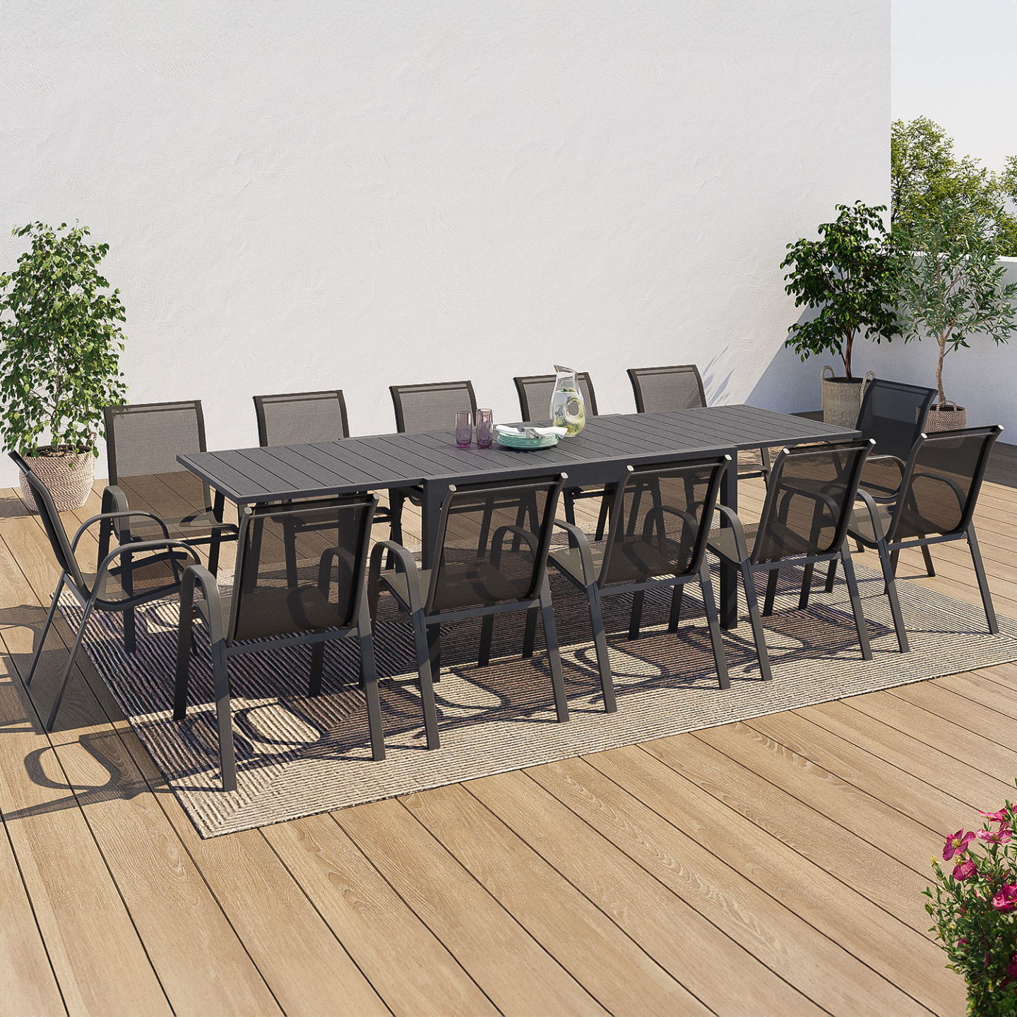 Salon de jardin POLY table extensible 135-270 CM et 12 chaises gris foncé - Image 1