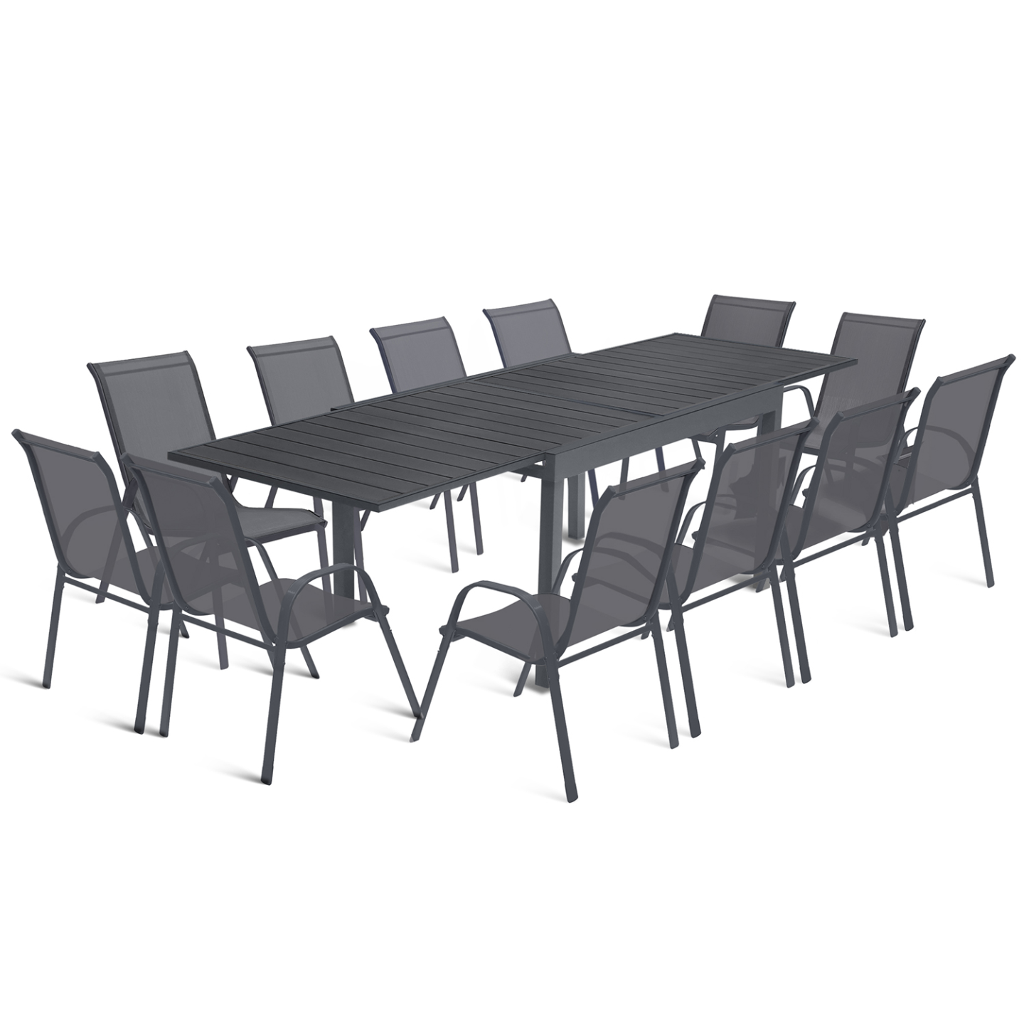 Salon de jardin POLY table extensible 135-270 CM et 12 chaises gris foncé - Image 2
