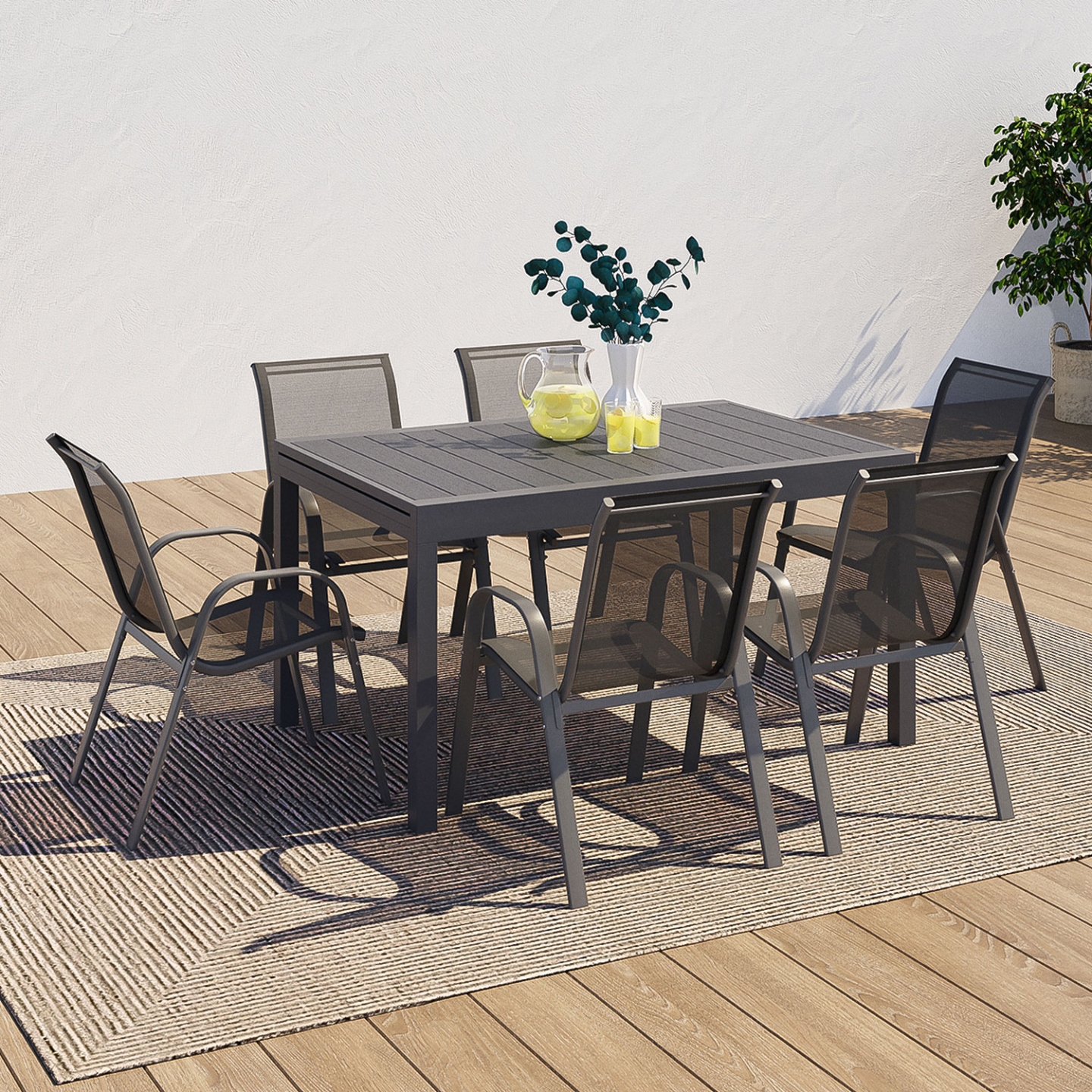 Salon de jardin POLY table extensible 135-270 CM et 12 chaises gris foncé - Image 6