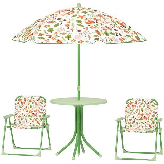 Ensemble de jardin pliable pour enfants avec 2 chaises, une table et un parasol réglable pour les enfants de 2 à 5 ans, vert - Image 2