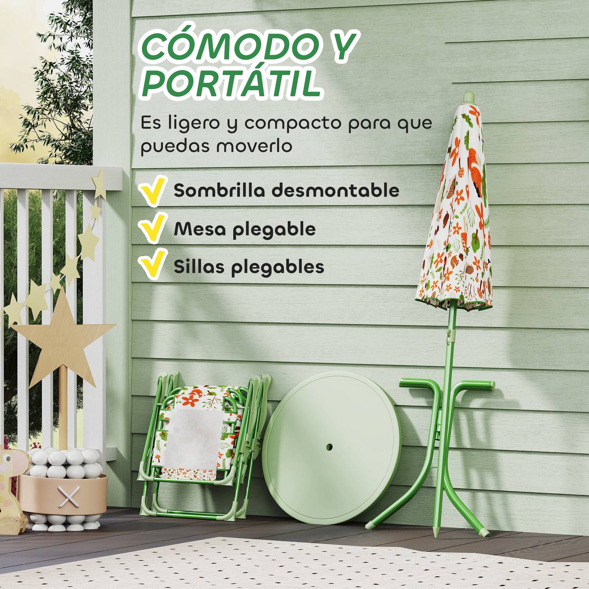 Ensemble de jardin pliable pour enfants avec 2 chaises, une table et un parasol réglable pour les enfants de 2 à 5 ans, vert - Image 8