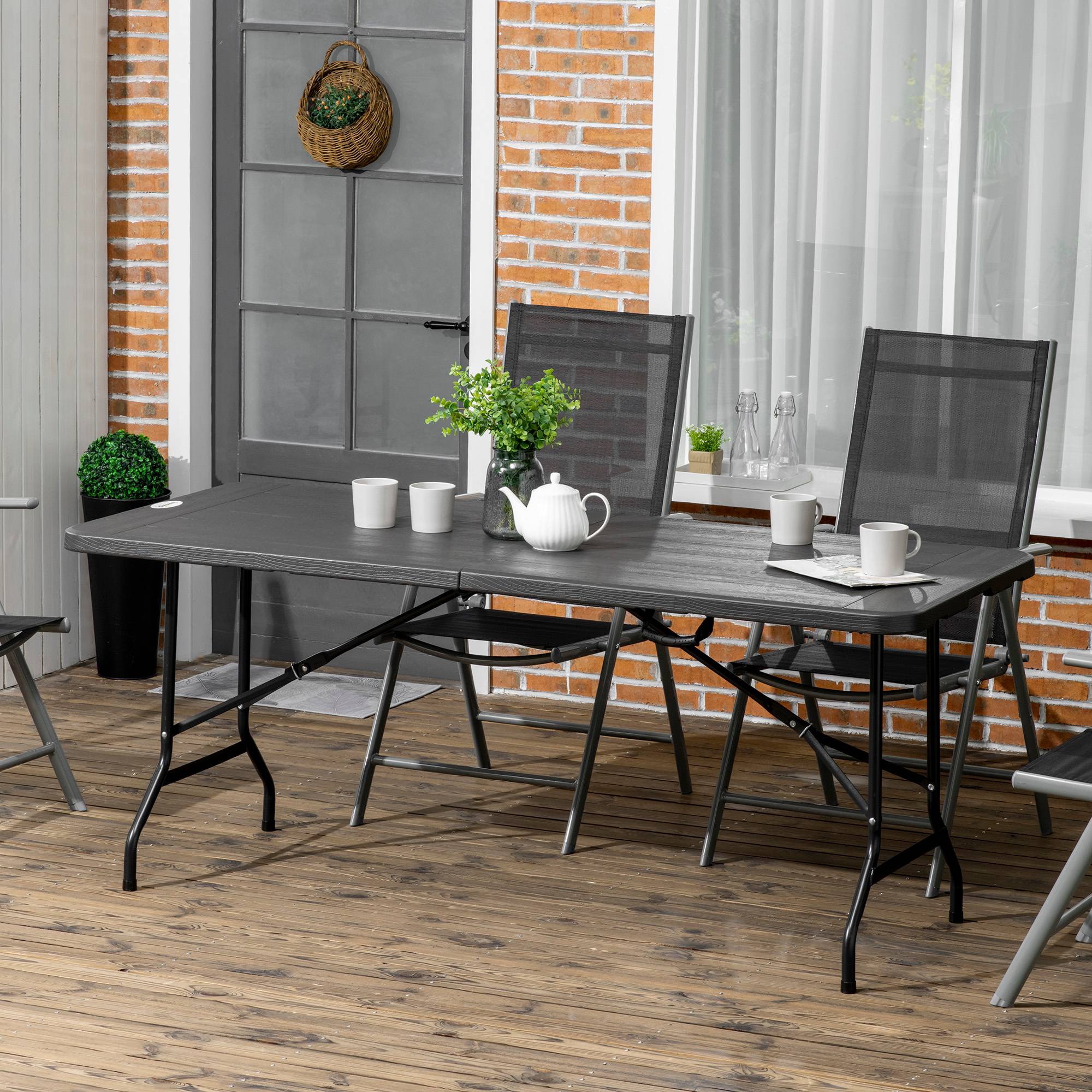 ComfortXL - Table de jardin pliante Acier HDPE Pique-nique Camping Effet bois 180cm Gris foncé - ComfortXL Outdoor Living - Image 3