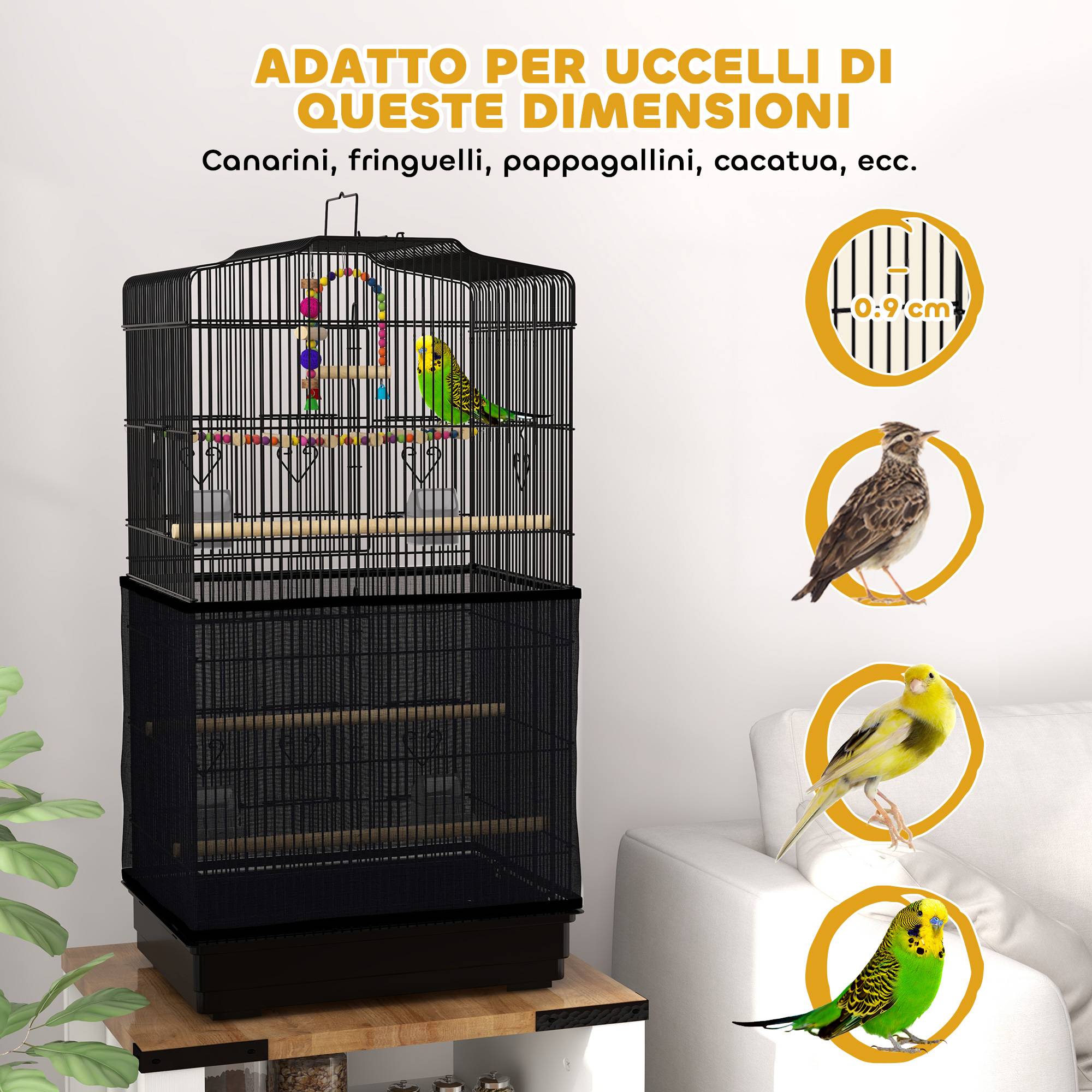 Cage pour oiseaux avec poignée, bac amovible, perchoirs en bois, balançoire et mangeoires, 46,5x35,5x92 cm, noir - Image 9