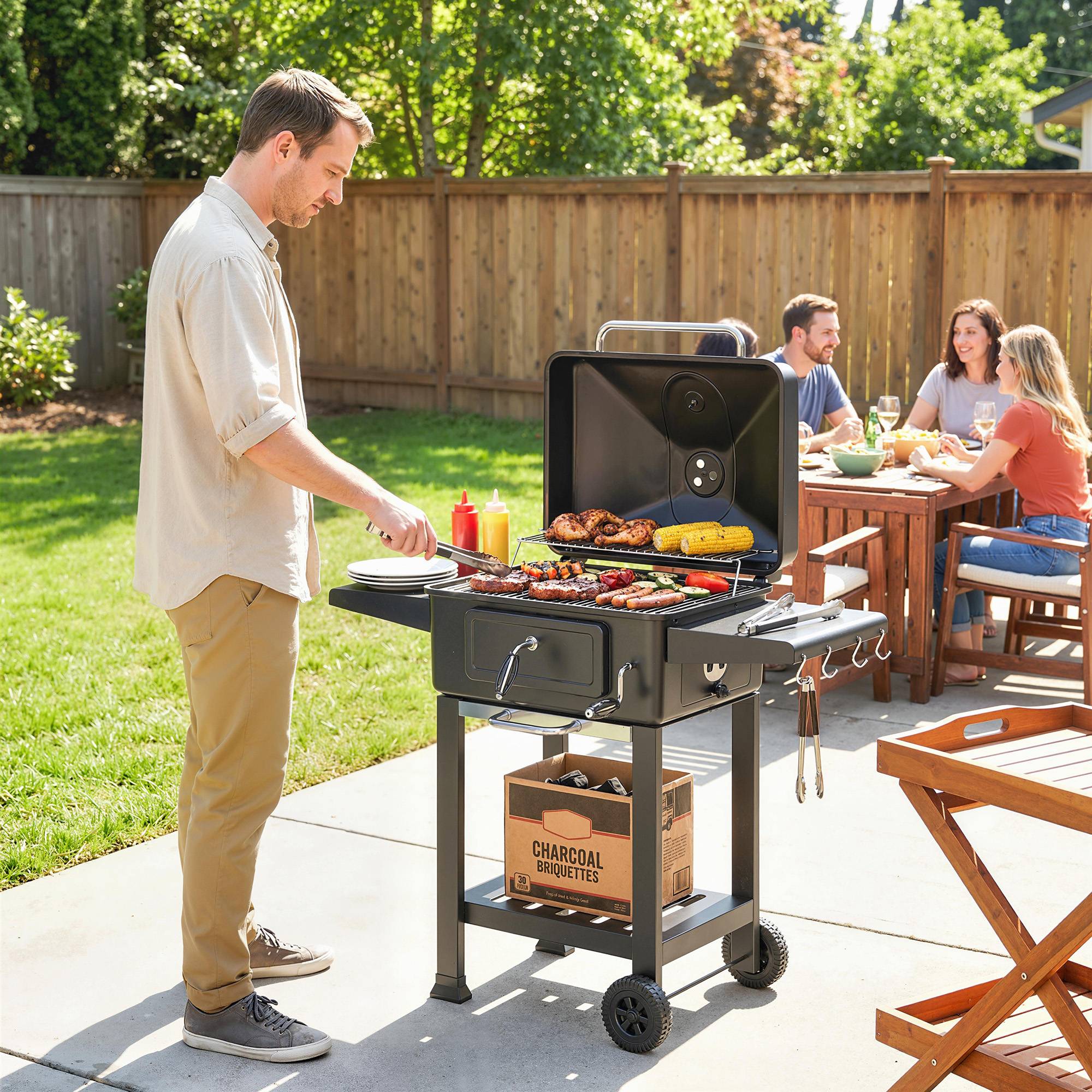Sans Marque - Barbecue au charbon de bois avec plateau et ventilation réglable, étagères latérales, roulettes, thermomètre, couvercle et porte - Image 4