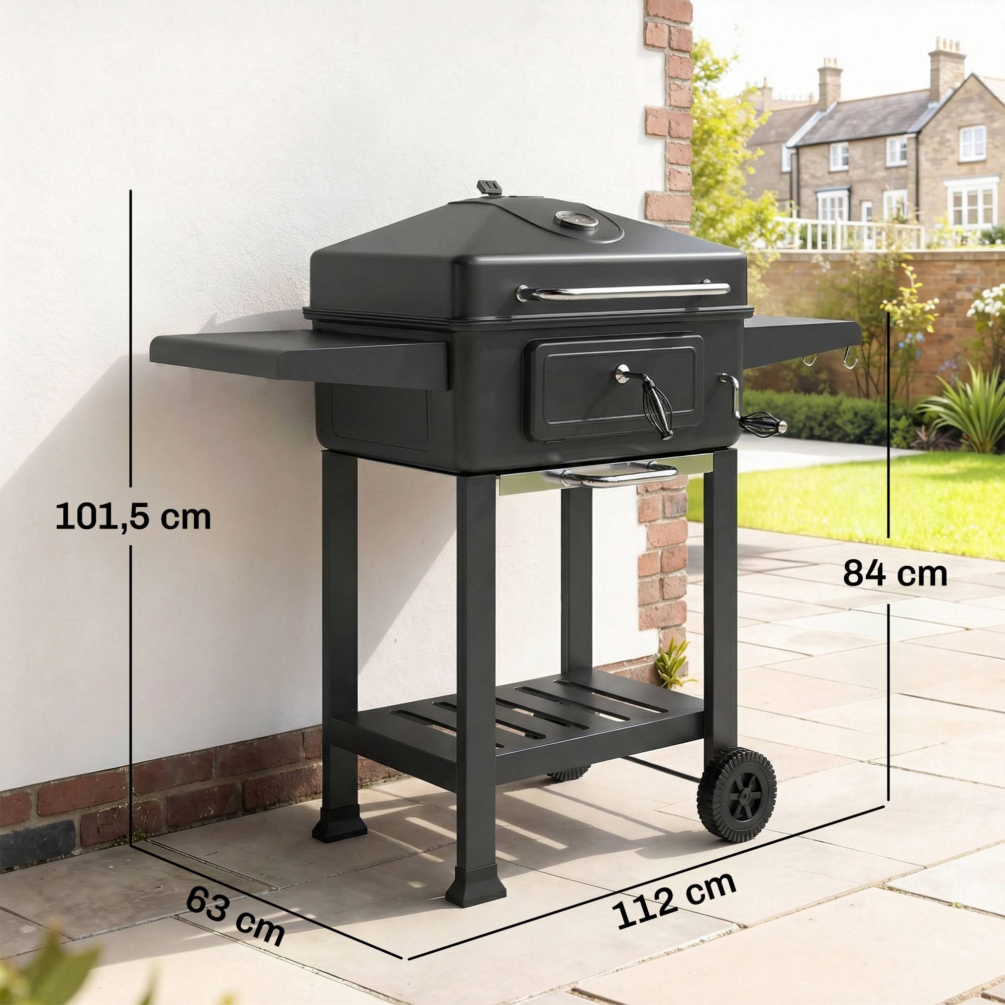 Sans Marque - Barbecue au charbon de bois avec plateau et ventilation réglable, étagères latérales, roulettes, thermomètre, couvercle et porte - Image 5
