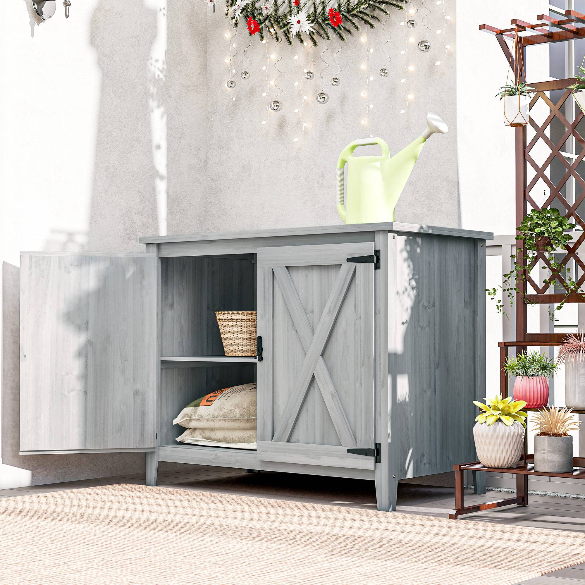 Armoire de jardin bois pour outils extérieur terrasse, double porte, style grange, gris clair - Image 3