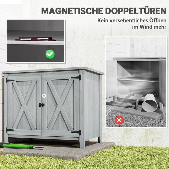 Armoire de jardin bois pour outils extérieur terrasse, double porte, style grange, gris clair - Image 8
