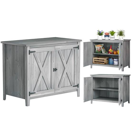 Armoire de jardin bois pour outils extérieur terrasse, double porte, style grange, gris clair - Image 1