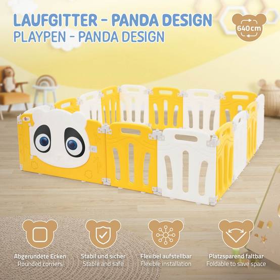 Parc bébé 640 cm 160x160 cm blanc-jeune avec 15 panneaux en plastique HDPE design Panda coins arrondis et surfaces lisses barrière extérieure sécurité - Image 2