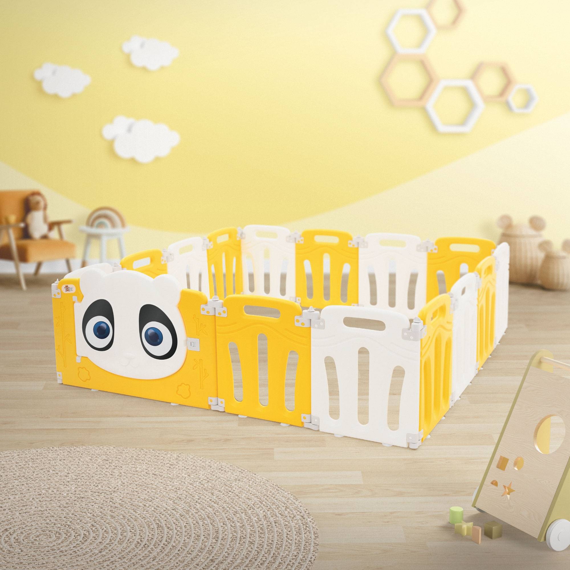 Parc bébé 640 cm 160x160 cm blanc-jeune avec 15 panneaux en plastique HDPE design Panda coins arrondis et surfaces lisses barrière extérieure sécurité - Image 8