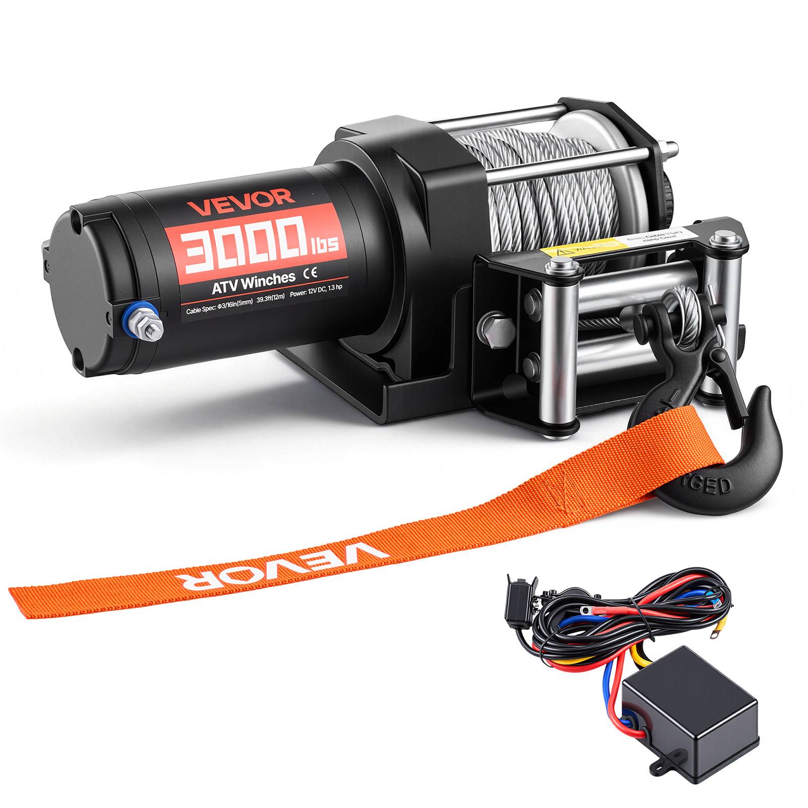 Vevor - VEVOR Treuil électrique 12 V 1360 kg pour quad, câble acier 5 mm x 12 m, télécommande filaire 3 m, boîtier aluminium IP55.