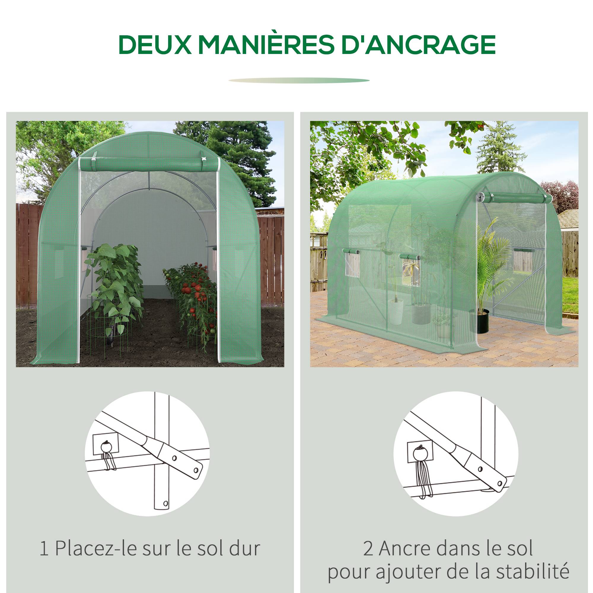 Serre de Jardin Tunnel Surface Sol 6 m² 3L x 2l x 2,10H m châssis Tubulaire renforcé Porte zippée 4 fenêtres enroulables Vert - Image 8