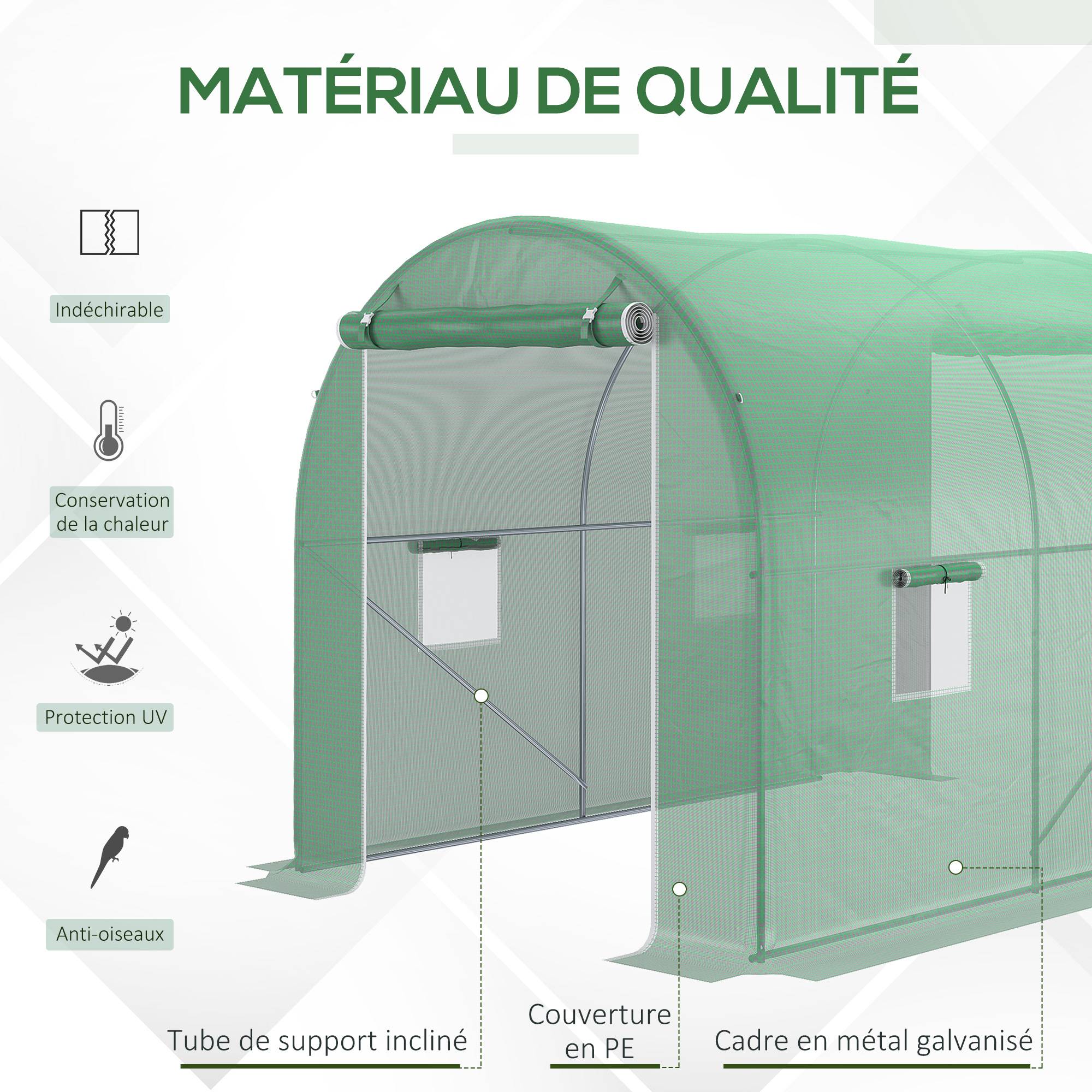 Serre de Jardin Tunnel Surface Sol 6 m² 3L x 2l x 2,10H m châssis Tubulaire renforcé Porte zippée 4 fenêtres enroulables Vert - Image 6