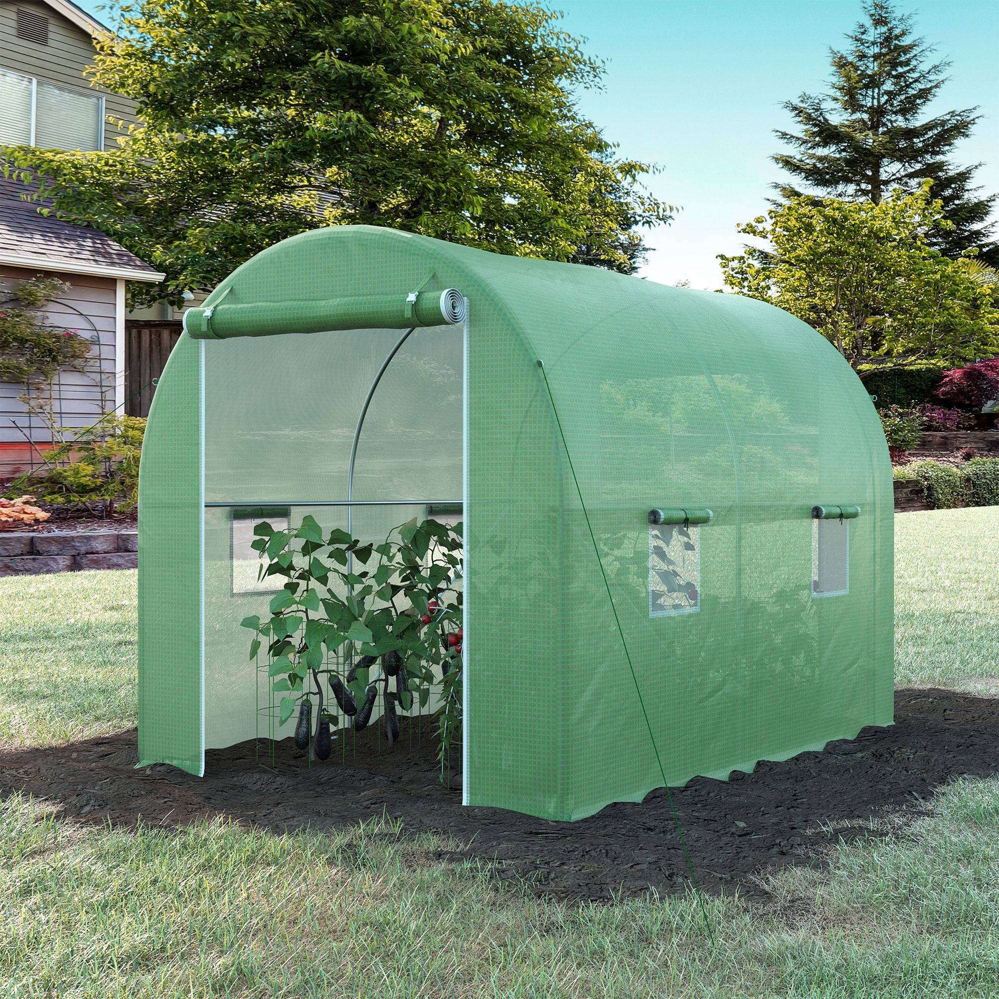Serre de Jardin Tunnel Surface Sol 6 m² 3L x 2l x 2,10H m châssis Tubulaire renforcé Porte zippée 4 fenêtres enroulables Vert - Image 4