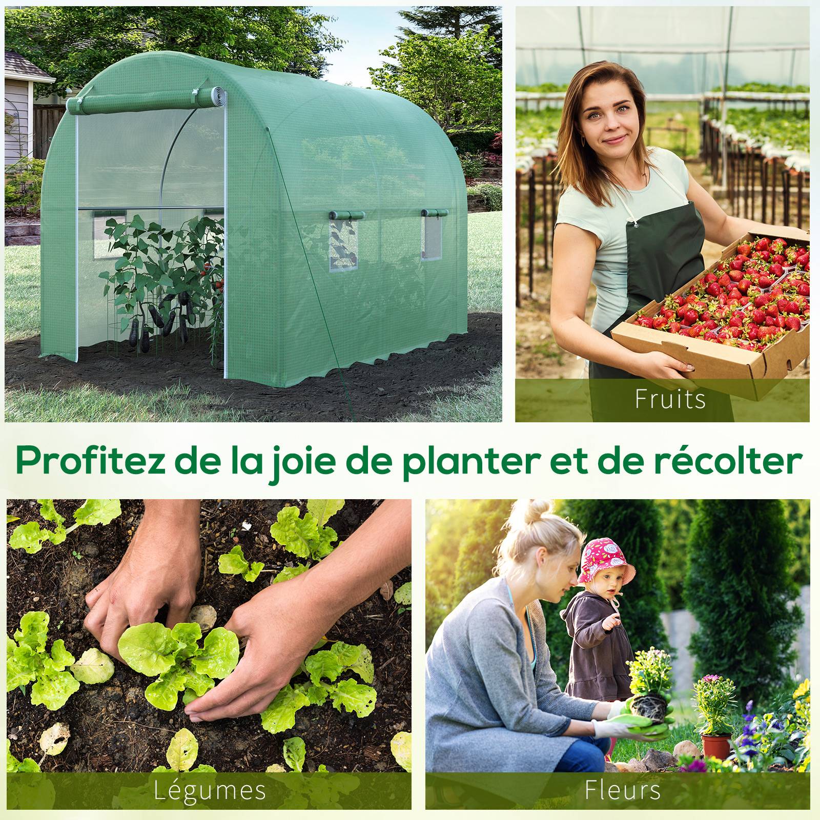Serre de Jardin Tunnel Surface Sol 6 m² 3L x 2l x 2,10H m châssis Tubulaire renforcé Porte zippée 4 fenêtres enroulables Vert - Image 9