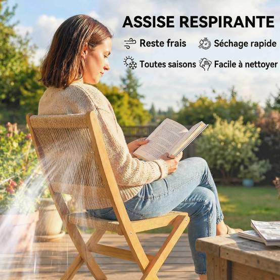 Sans Marque - Lot de 2 Chaises de Jardin Pliantes Chaises de Balcon en Bois d'Acacia Assise en Corde Tressée Naturel et Beige - Image 6