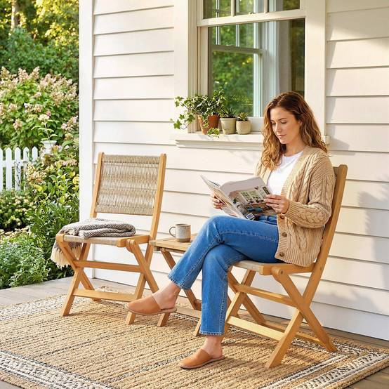 Sans Marque - Lot de 2 Chaises de Jardin Pliantes Chaises de Balcon en Bois d'Acacia Assise en Corde Tressée Naturel et Beige - Image 10