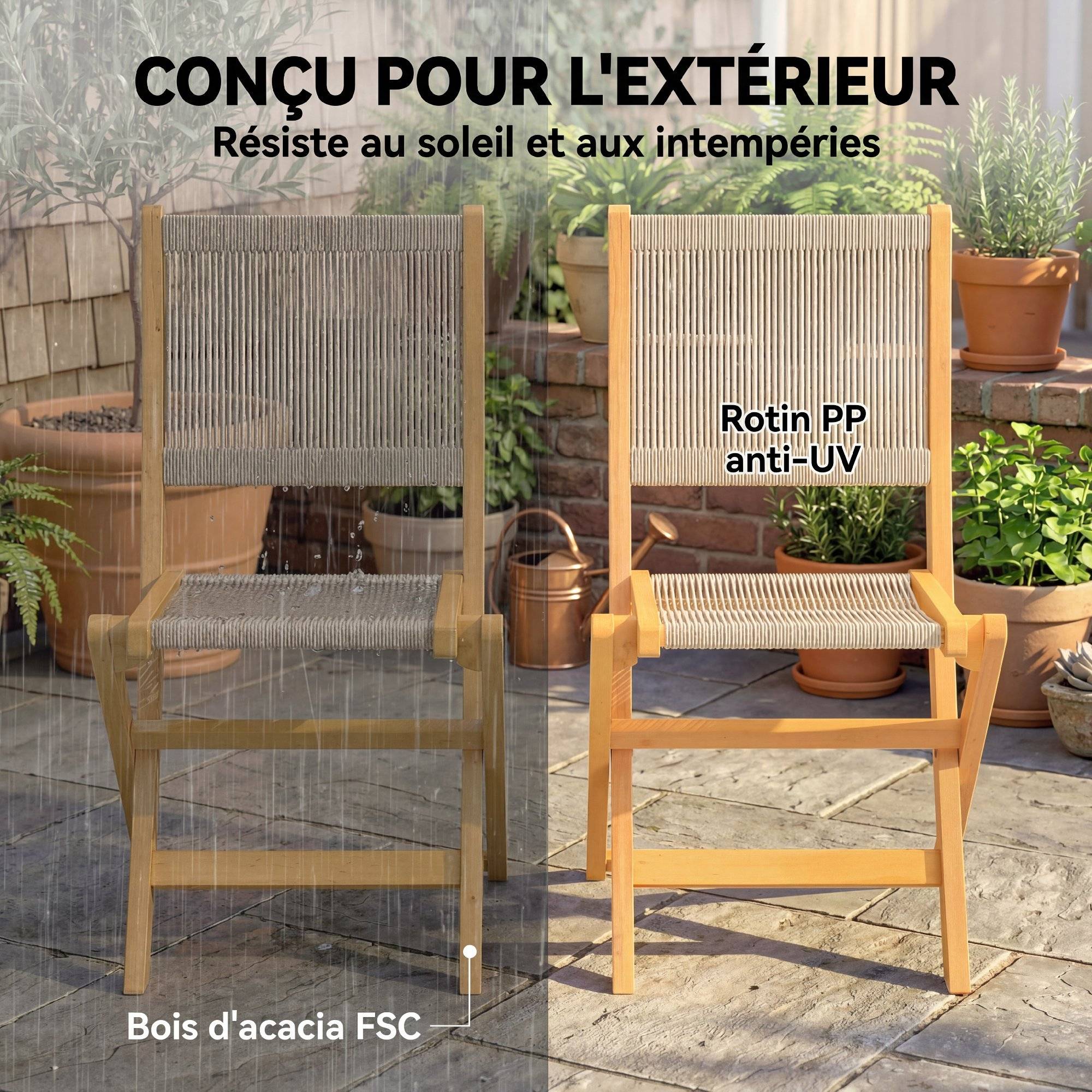 Sans Marque - Lot de 2 Chaises de Jardin Pliantes Chaises de Balcon en Bois d'Acacia Assise en Corde Tressée Naturel et Beige - Image 7