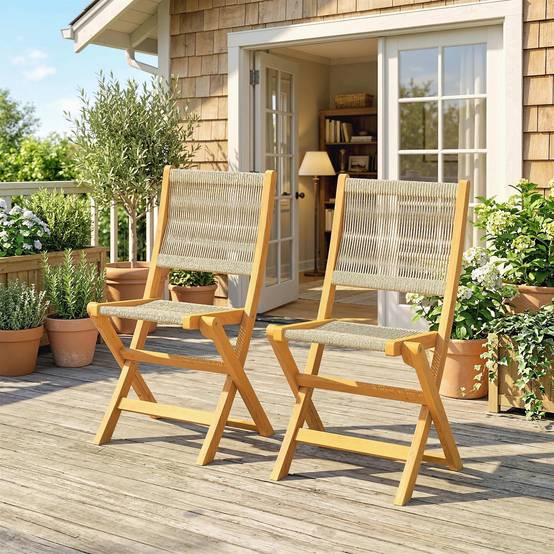 Sans Marque - Lot de 2 Chaises de Jardin Pliantes Chaises de Balcon en Bois d'Acacia Assise en Corde Tressée Naturel et Beige - Image 3