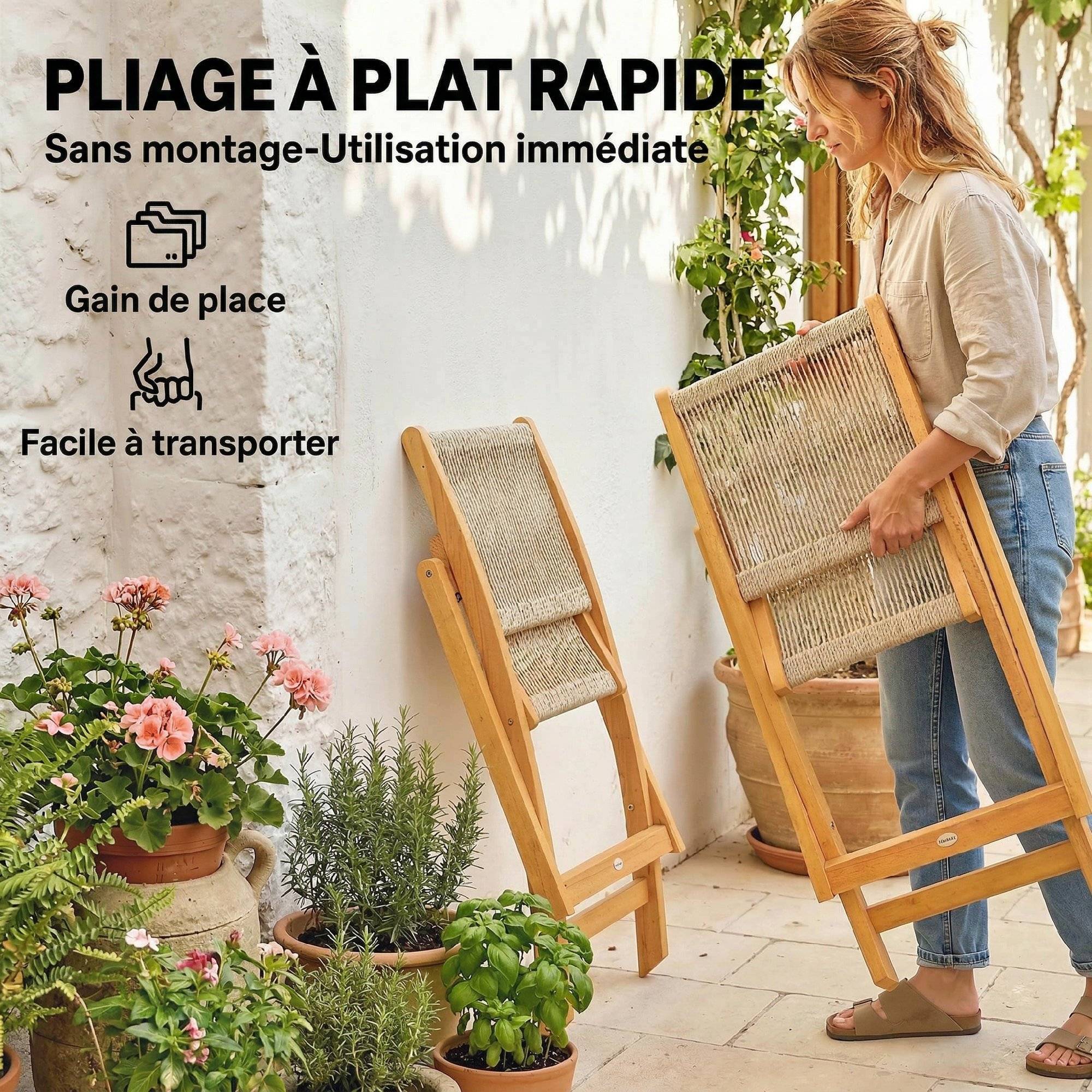 Sans Marque - Lot de 2 Chaises de Jardin Pliantes Chaises de Balcon en Bois d'Acacia Assise en Corde Tressée Naturel et Beige - Image 8