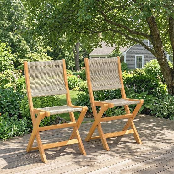 Sans Marque - Lot de 2 Chaises de Jardin Pliantes Chaises de Balcon en Bois d'Acacia Assise en Corde Tressée Naturel et Beige - Image 4