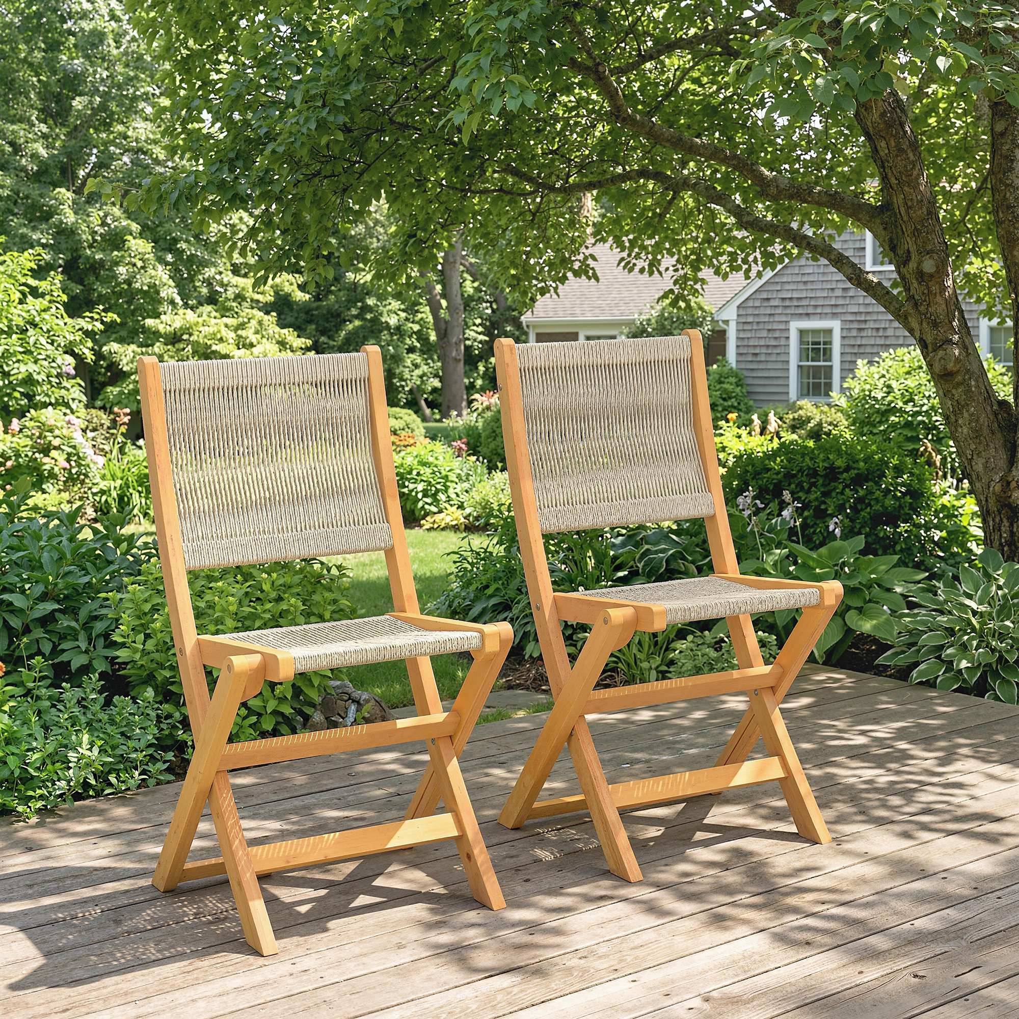 Sans Marque - Lot de 2 Chaises de Jardin Pliantes Chaises de Balcon en Bois d'Acacia Assise en Corde Tressée Naturel et Beige - Image 4