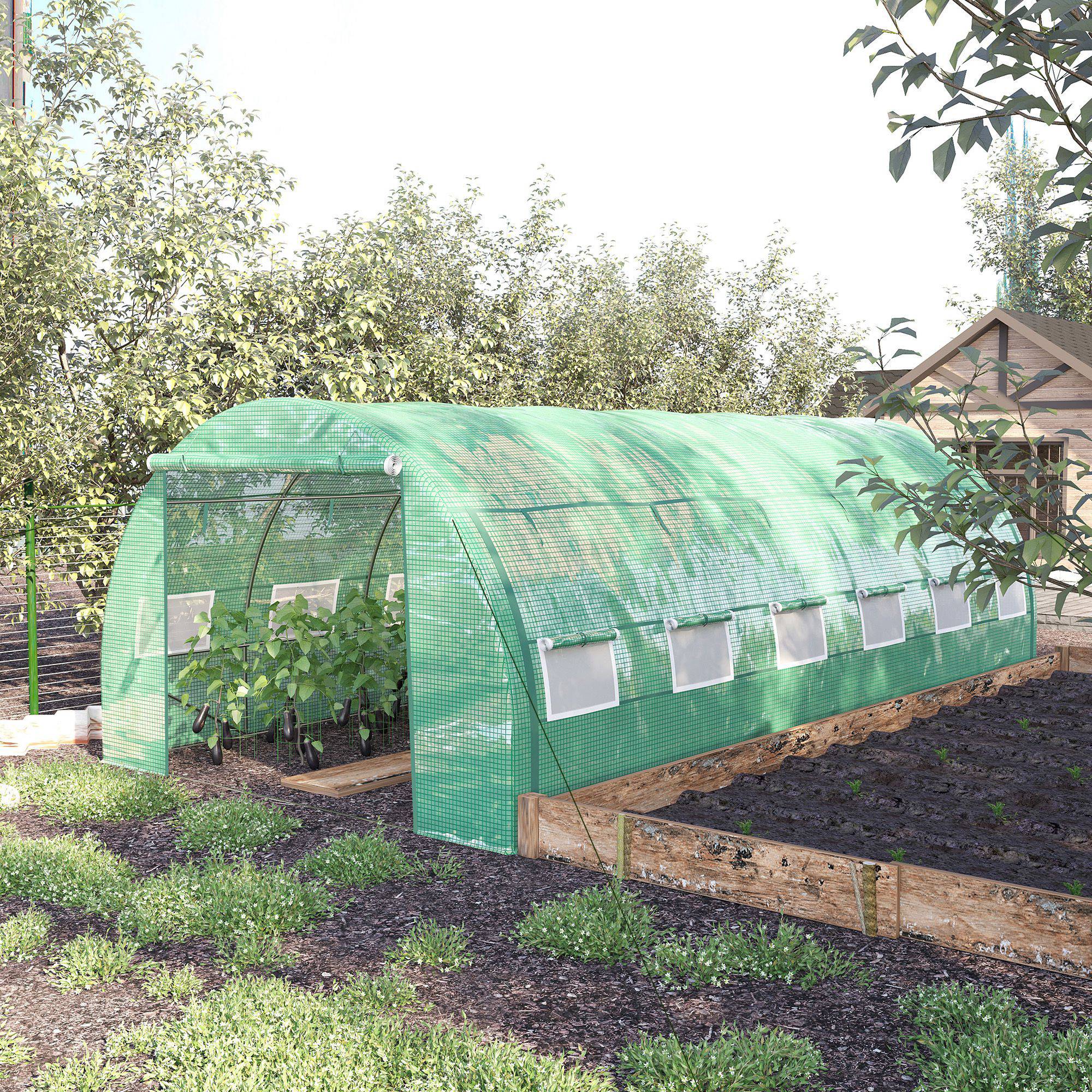 Serre de jardin serre tunnel 18 m² avec porte, parois latérales enroulables 12 fenêtres acier PE 4 x 3 x 2 m vert - Image 3