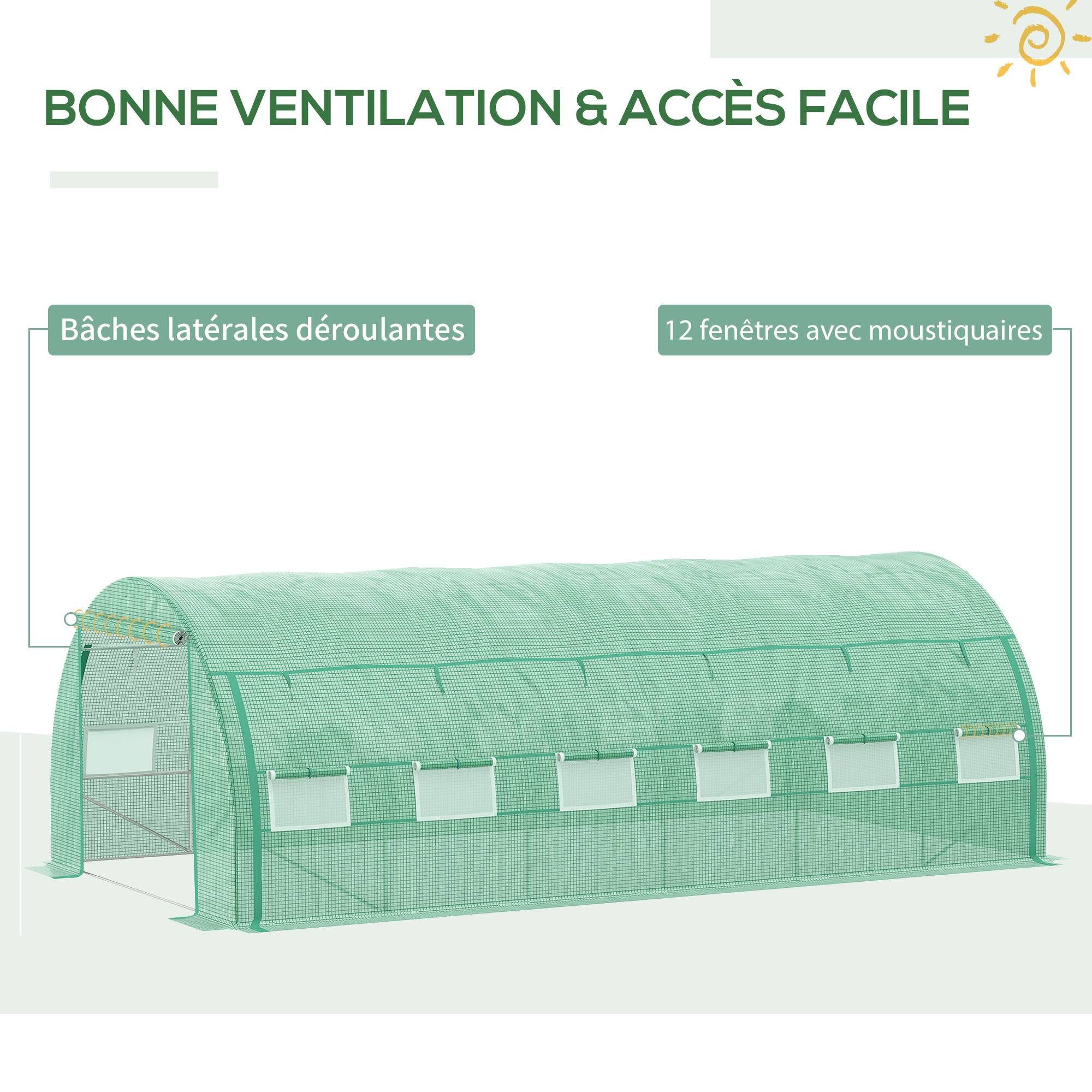 Serre de jardin serre tunnel 18 m² avec porte, parois latérales enroulables 12 fenêtres acier PE 4 x 3 x 2 m vert - Image 9