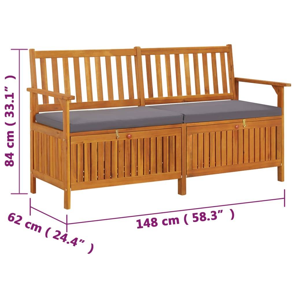 Banc Coffre Jardin Bois Acacia Solide avec Coussin Gris pour Terrasse Marron 148cm – ComfortXL Outdoor Living - Image 8