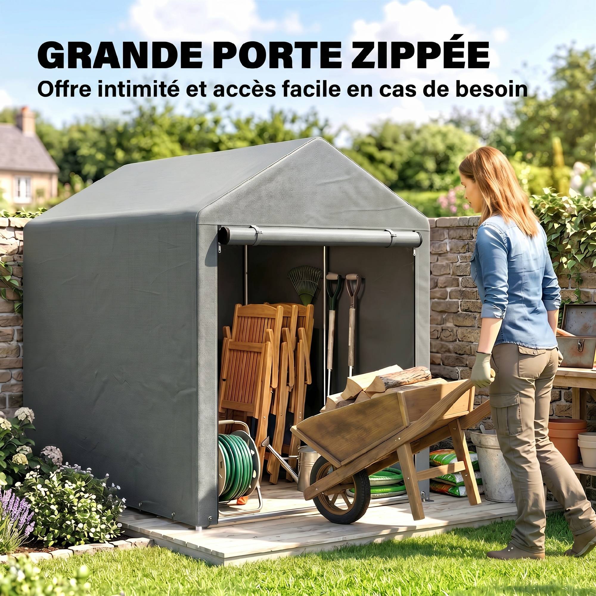 Abri outils tente garage bâche anti-UV cadre métal, 120x179x165cm, gris clair - Image 8