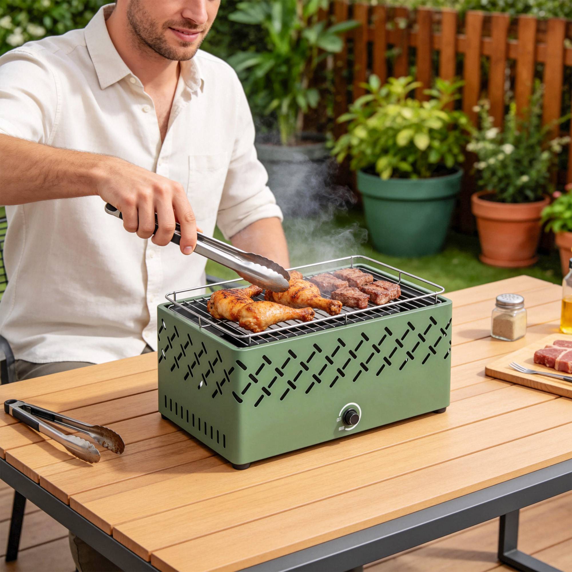 Barbecue portable au charbon de bois avec ventilateur intégré pour une utilisation en extérieur, vert clair - Image 10