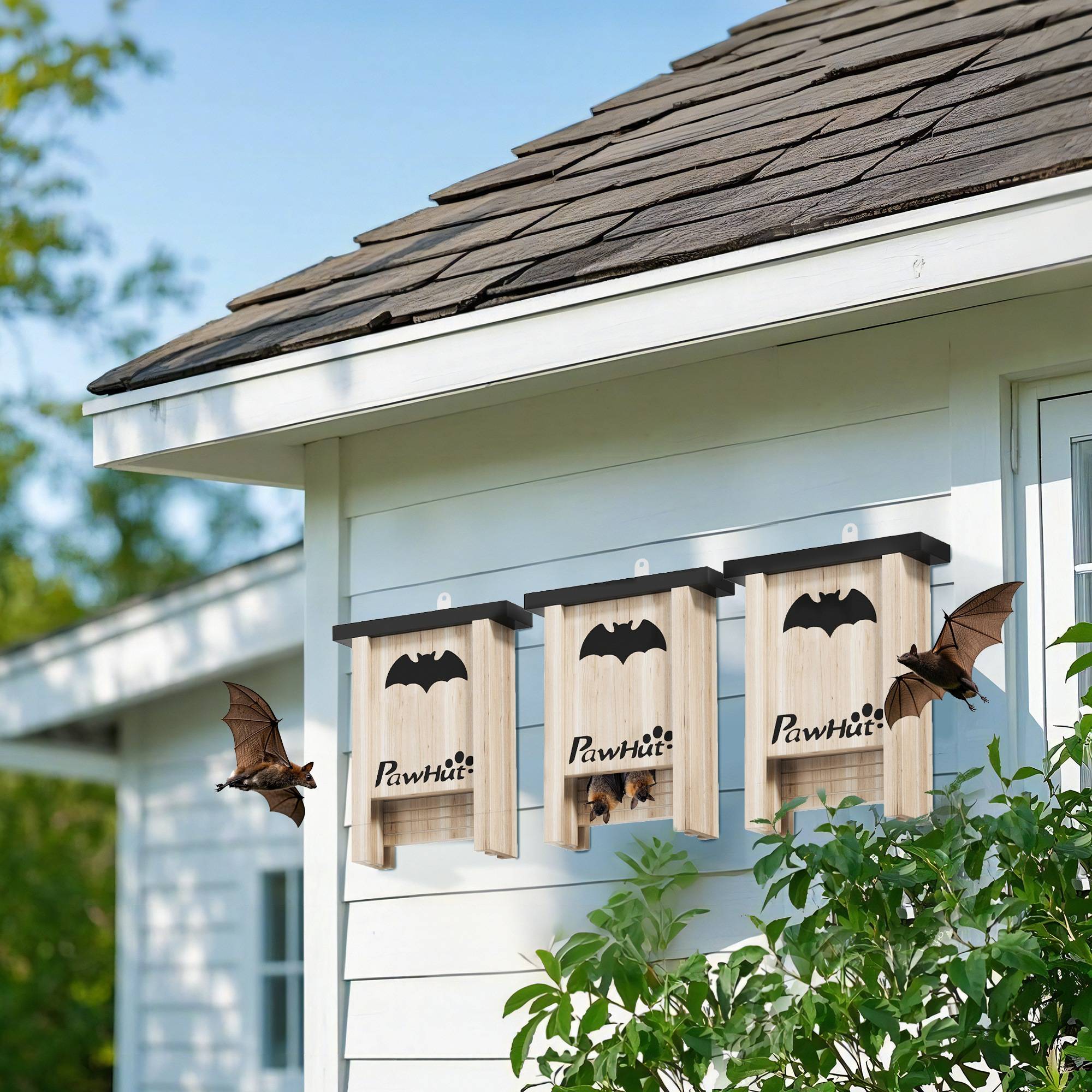 Sans Marque - Ensemble de trois boîtes à chauve-souris nichoir chauve-souris avec un crochet18 x 6 x 22,5 cm bois naturel - Image 3