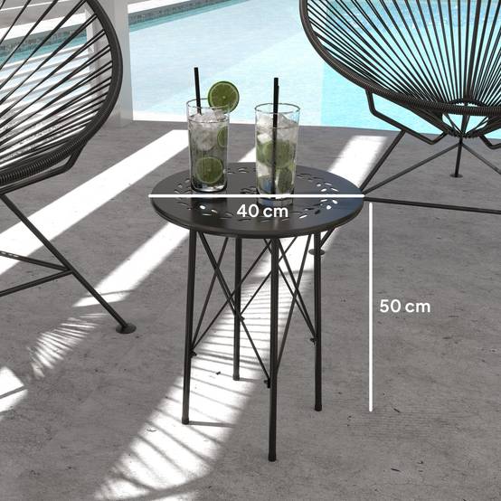 Table de jardin ronde en acier, motif floral et feuillagé, pieds réglables et structure en X, Ø 40 x 50 cm, noire - Image 5