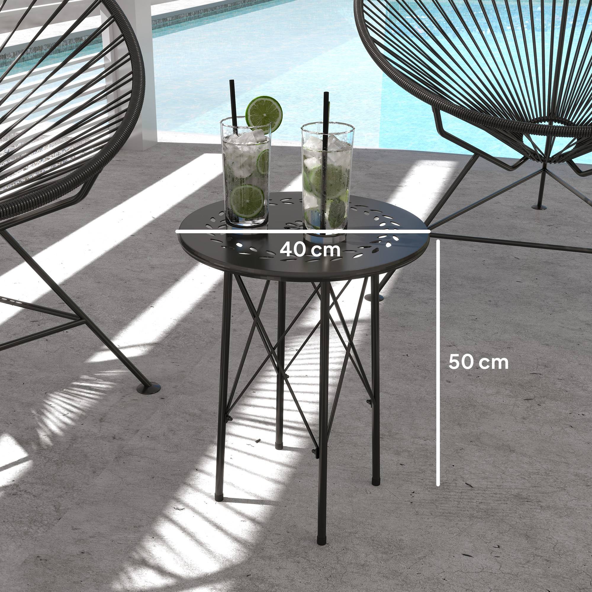 Table de jardin ronde en acier, motif floral et feuillagé, pieds réglables et structure en X, Ø 40 x 50 cm, noire - Image 5