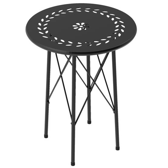 Table de jardin ronde en acier, motif floral et feuillagé, pieds réglables et structure en X, Ø 40 x 50 cm, noire - Image 2