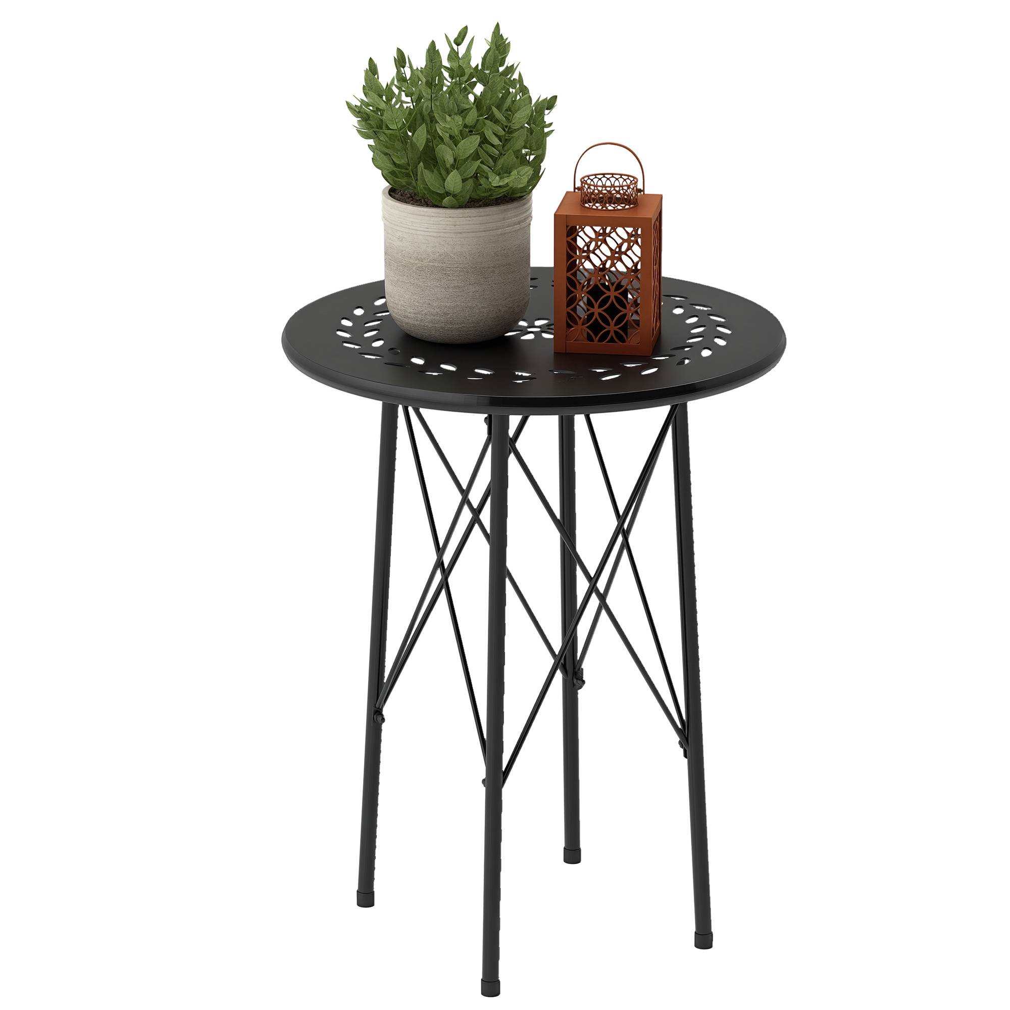 Table de jardin ronde en acier, motif floral et feuillagé, pieds réglables et structure en X, Ø 40 x 50 cm, noire - Image 1