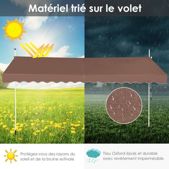 Store Banne Manuel Rétractable 3,5 x 1,25M avec Manivelle Hauteur Réglable 200-300CM, Auvent de Terrasse Tissu Oxford Imperméable & Anti UV (Marron) - Image 5