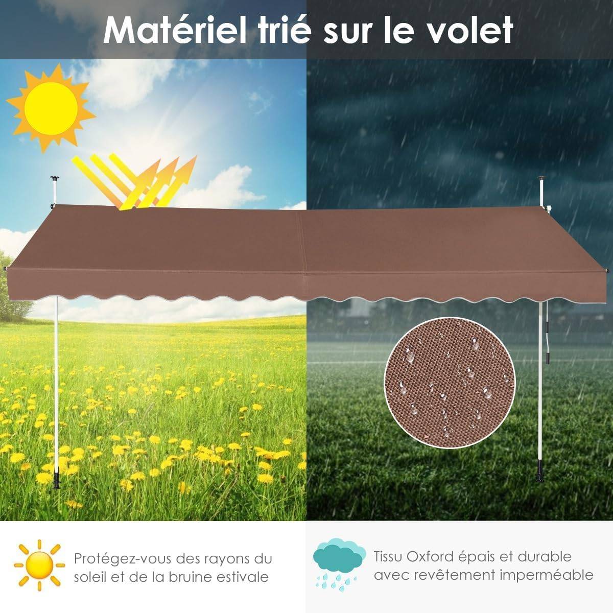 Store Banne Manuel Rétractable 3,5 x 1,25M avec Manivelle Hauteur Réglable 200-300CM, Auvent de Terrasse Tissu Oxford Imperméable & Anti UV (Marron) - Image 5