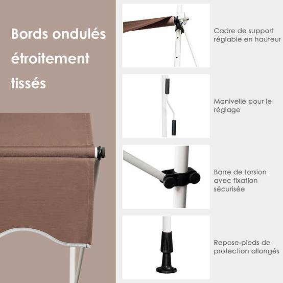 Store Banne Manuel Rétractable 3,5 x 1,25M avec Manivelle Hauteur Réglable 200-300CM, Auvent de Terrasse Tissu Oxford Imperméable & Anti UV (Marron) - Image 4