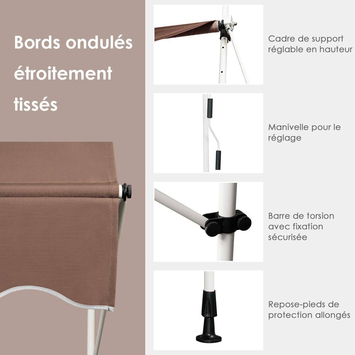 Store Banne Manuel Rétractable 3,5 x 1,25M avec Manivelle Hauteur Réglable 200-300CM, Auvent de Terrasse Tissu Oxford Imperméable & Anti UV (Marron) - Image 4