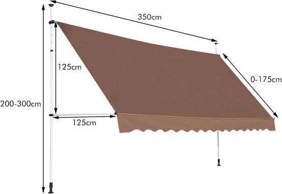Store Banne Manuel Rétractable 3,5 x 1,25M avec Manivelle Hauteur Réglable 200-300CM, Auvent de Terrasse Tissu Oxford Imperméable & Anti UV (Marron) - Image 3