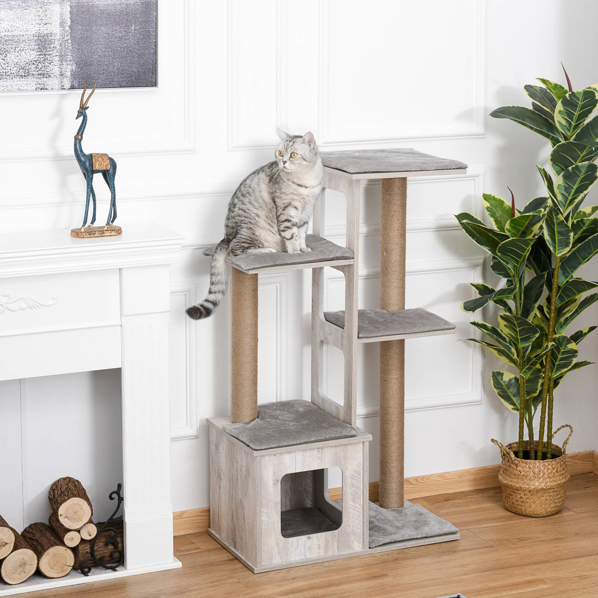 Arbre à chat multi-niveaux avec niche et cordes en jute, 67 x 38,5 x 114 cm, gris - Image 3