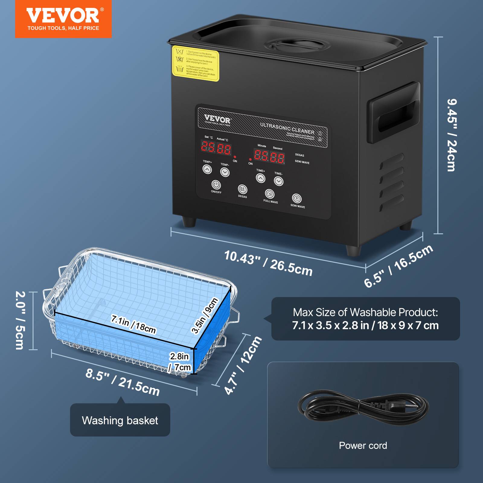 VEVOR Nettoyeur ultrasons numérique 3L, 120W, mode doux et dégazage, chauffage/minuterie, pour prothèses, bijoux, outils. - Image 7