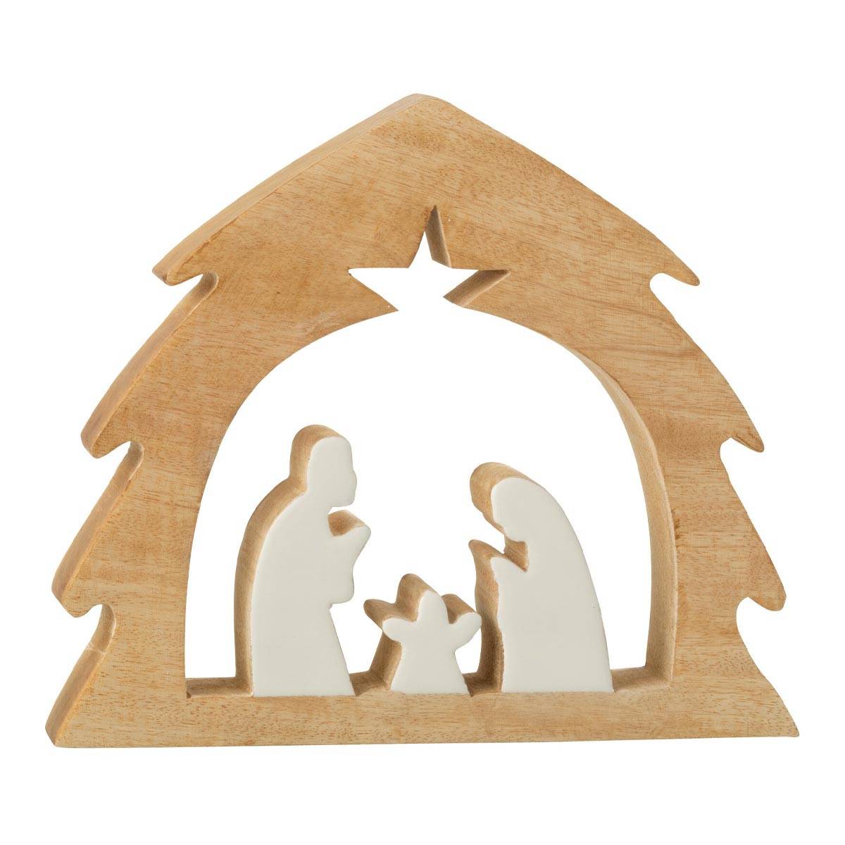 J-Line - Crèche Sapin en Bois "Ajourée" 27cm Blanc & Naturel - Image 1