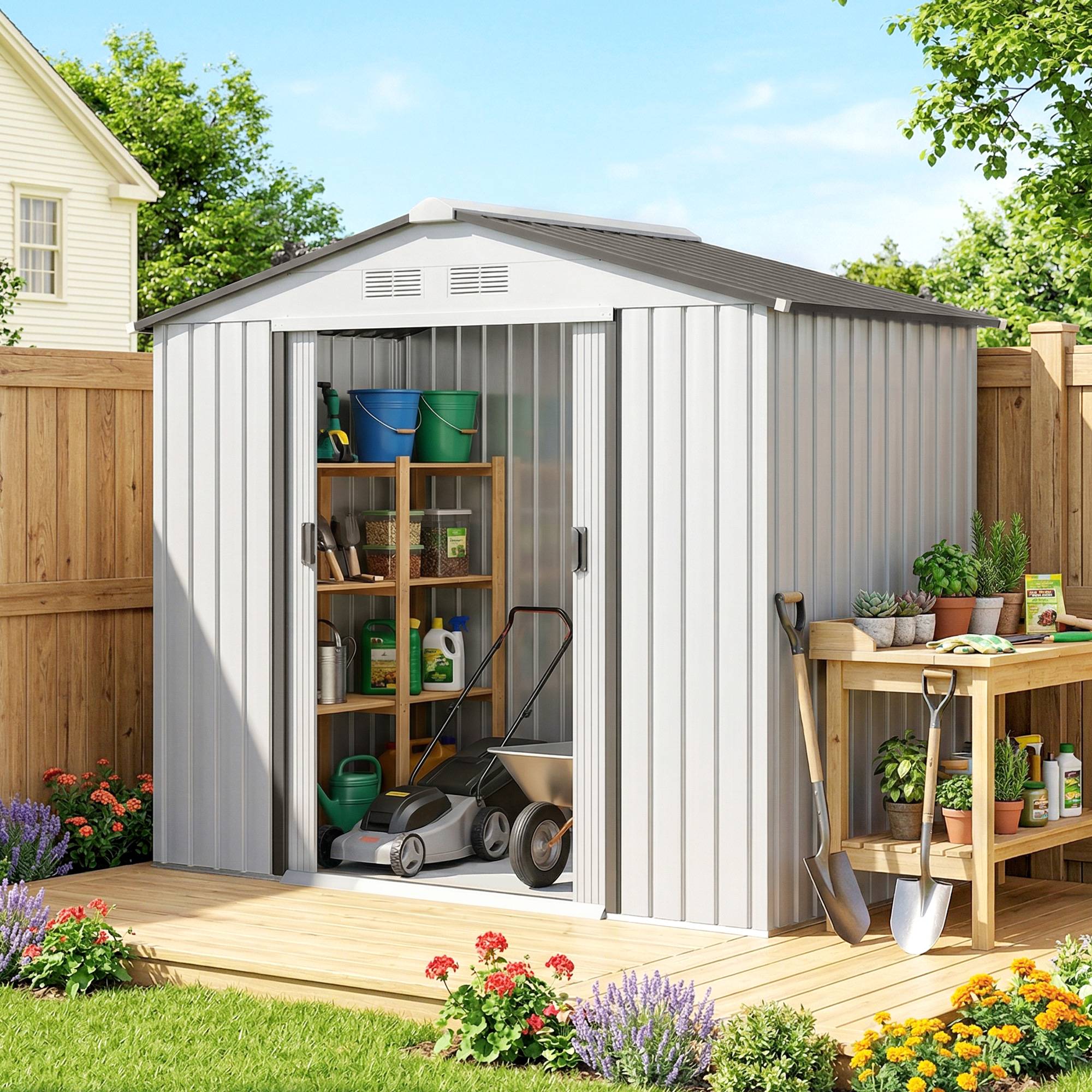 Abri de jardin 213x130x185 cm remise métallique extérieure outils blanc - Image 3