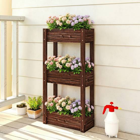 Sans Marque - Bac à Plantes Surélevé Jardinière sur Pieds 3 Niveaux Trous de Drainage et Doublure 60 x 25 x 120 cm, Marron - Image 4